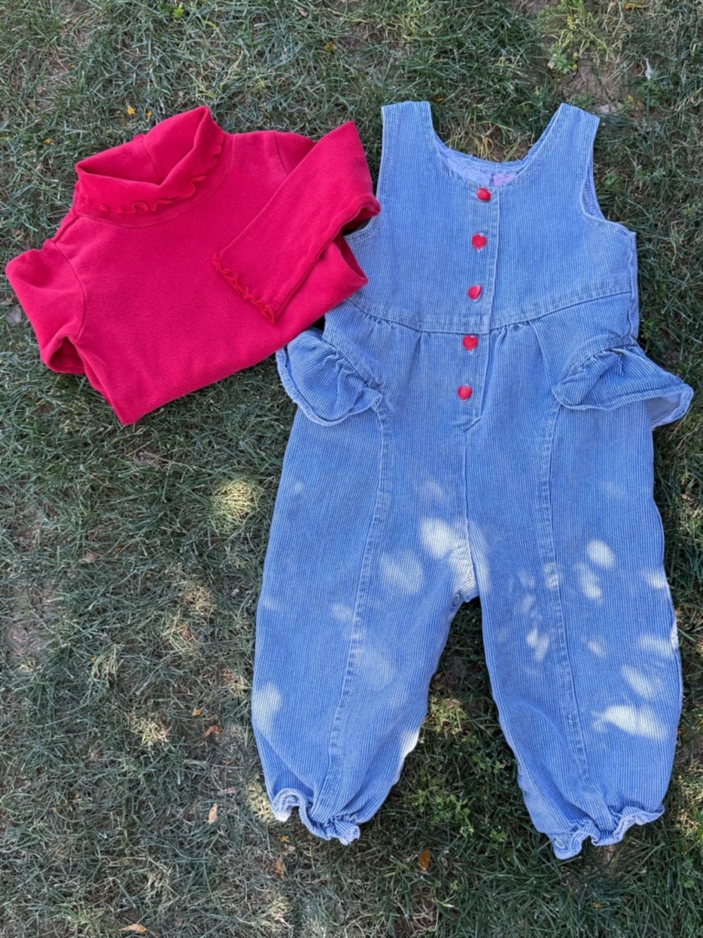 Vintage Red Ruffle Turtleneck & Light Blue Denim Overalls 18m